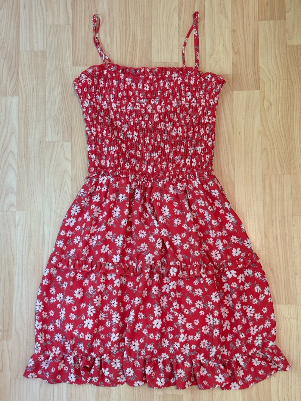 Sienna Sky Red Floral Smocked Sundress with Spaghetti Straps - S